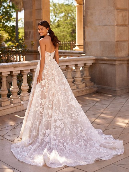 Moonlight Collection J6880 Romantic Open Illusion Back with Half Lace-Up Full A-Line Gown with Chapel Train