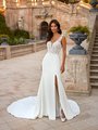 Moonlight Collection J6881 Front Slit Regal Crepe Mermaid Wedding Dress with Beaded Lace Appliques Unlined Bodice and Cap Sleeves