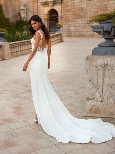 Moonlight Collection J6881 Stunning Crepe Mermaid Gown with Chapel train and Low Back