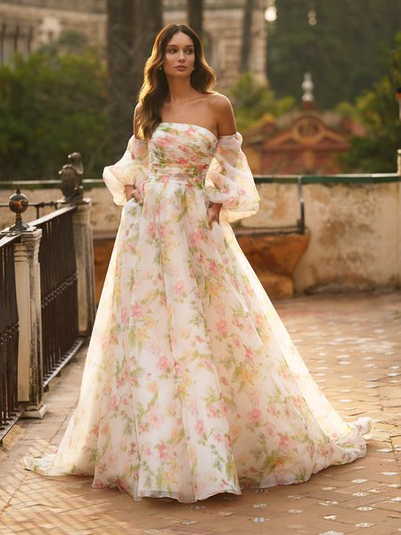 Strapless Straight Neckline Printed Floral Organza A-Line with Detachable Long Sleeves Moonlight Collection J6893 Strapless Straight Neckline Printed Floral Organza A-Line with Detachable Long Sleeves Moonlight Collection J6893