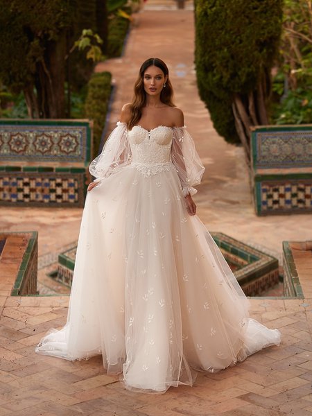 Moonlight Collection J6894 Sweetheart with Illusion Inset Full A-Line with Detachable Illusion Long Puff Sleeves