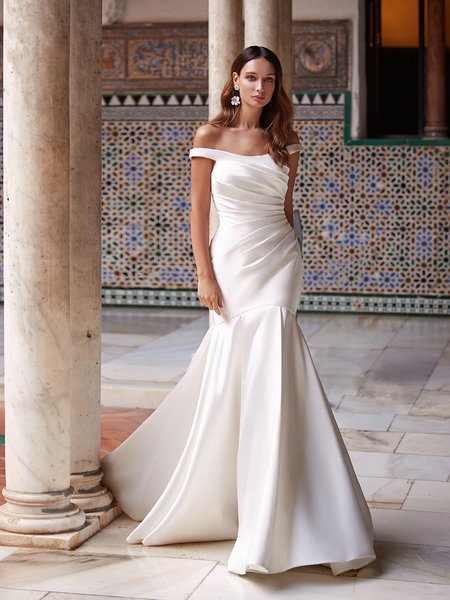 Cap Sleeves Offf-Shoulder Mikado Mermaid with Drop Waist and Ruched Bodice Moonlight Collection J6898 Cap Sleeves Offf-Shoulder Mikado Mermaid with Drop Waist and Ruched Bodice Moonlight Collection J6898