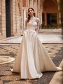 Moonlight Collection J6899 Stylish Pointed Sweetheart Satin A-Line with Side Pockets and Detachable Chantilly Lace High Neck Jacket