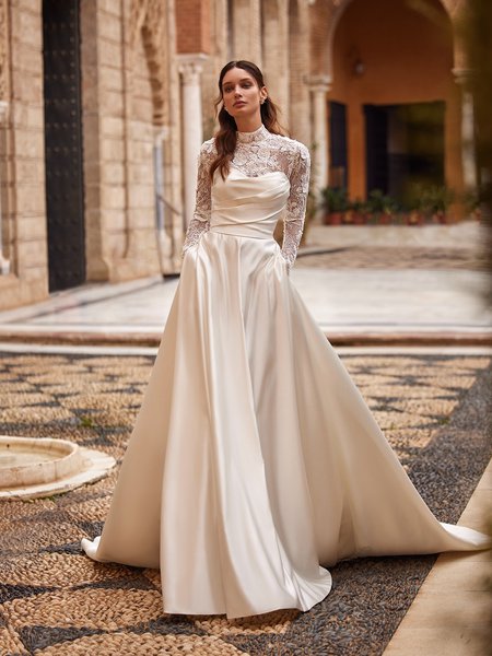 Moonlight Collection J6899 Stylish Pointed Sweetheart Satin A-Line with Side Pockets and Detachable Chantilly Lace High Neck Jacket Moonlight Collection J6899 Stylish Pointed Sweetheart Satin A-Line with Side Pockets and Detachable Chantilly Lace High Neck Jacket