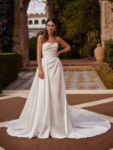 Moonlight Collection J6900 Sexy Strapless Sweetheart Satin Mermaid with Ruched Bodice and Detachable Train Moonlight Collection J6900 Sexy Strapless Sweetheart Satin Mermaid with Ruched Bodice and Detachable Train