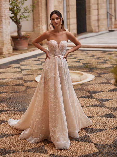 Moonlight Collection J6901 Sparkly Corded Embroidered Beaded Tulle Strapless Sweetheart A-Line with Couture Bow at Waist