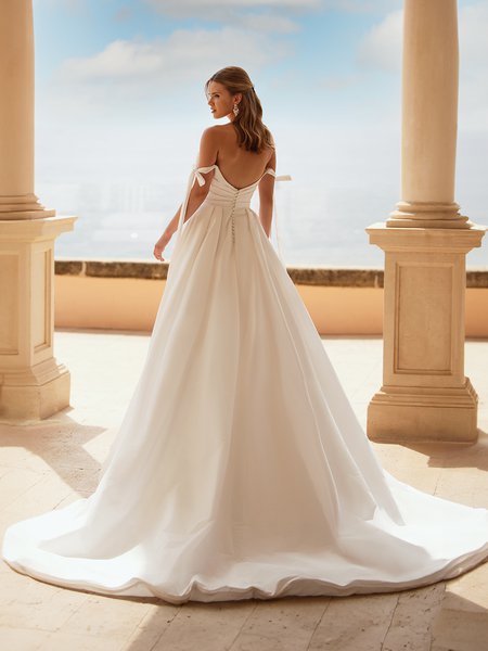 Back View Of Bride In Low V-Shaped Back Taffeta Chapel Train Wedding Dress 