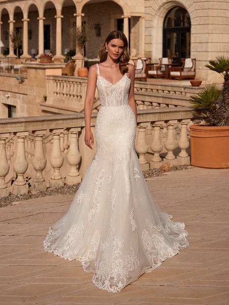 Bride Walking Wearing A Drop Waist Lace Mermaid Wedding Dress With Sweetheart Neckline Bride Walking Wearing A Drop Waist Lace Mermaid Wedding Dress With Sweetheart Neckline