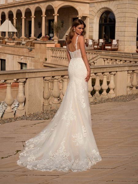 Back View of Bride's Lace Chapel Train With Open Illusion Back and Spaghetti Straps