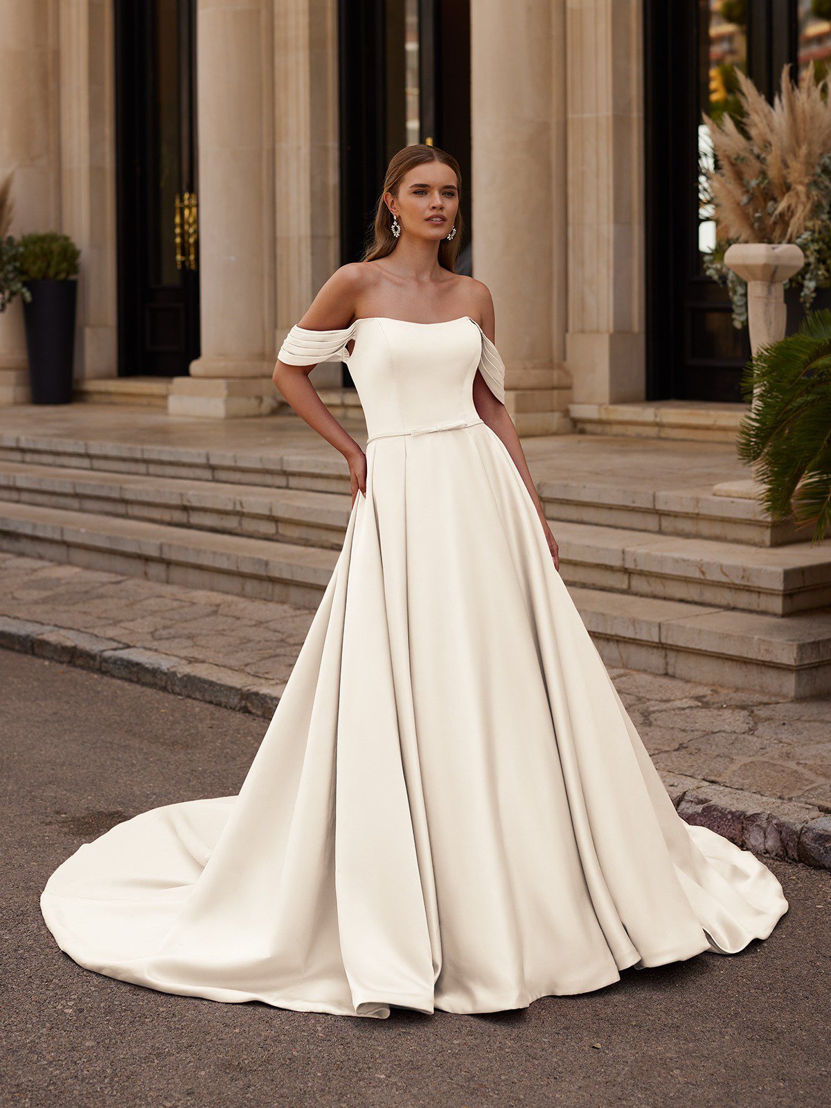 44422: Chiffon A-Line with Bikini Neckline and Asymmetric