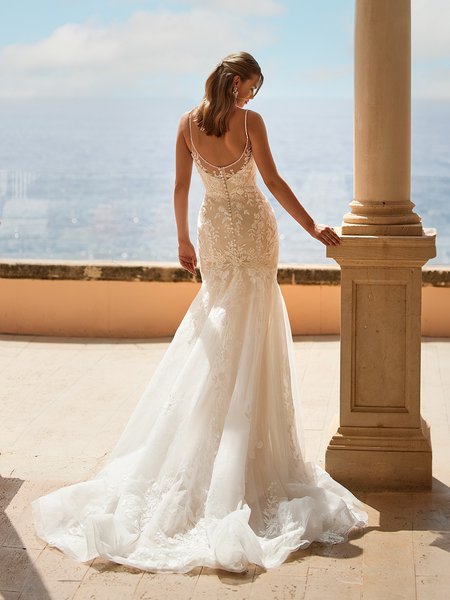Back view of floral lace wedding dress with illusion scoop back neckline