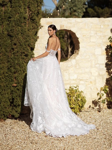 Back View of Moonlight Collection J6933 Illusion Open Back with Detachable Swag Sleeves A-Line with Chapel Train