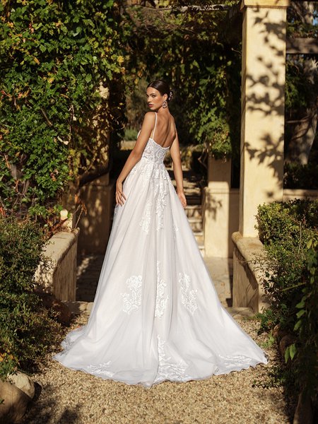 Moonlight Collection J6934 Open Illusion Back and Crystal Buttons A-Line with Chapel Train Moonlight Collection J6934 Open Illusion Back and Crystal Buttons A-Line with Chapel Train