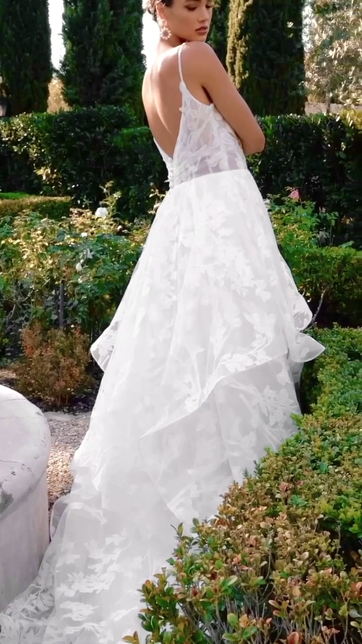 Video of Bride in Sweetheart and Illusion V-Back A-Line with Cascades Gown Moonlight Collection J6935