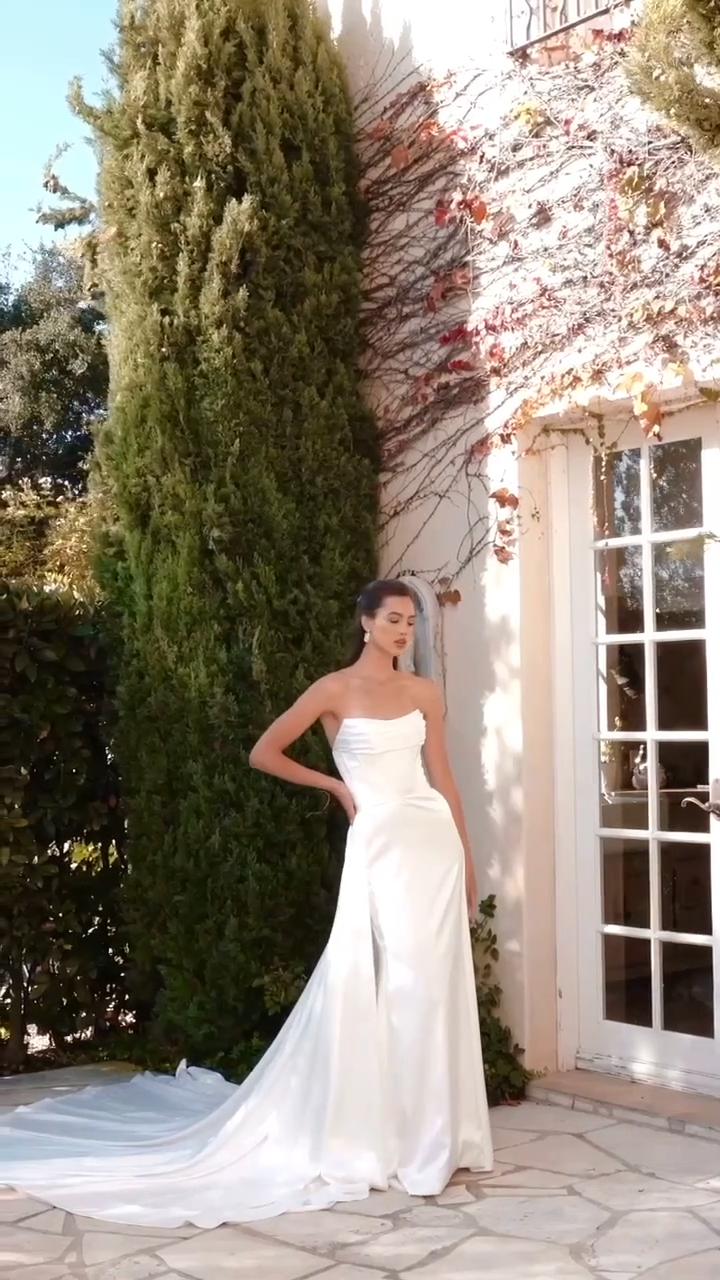 Video of Moonlight Collection J6938 Strapless Mermaid in Stretch Satin with Removable Chapel Train