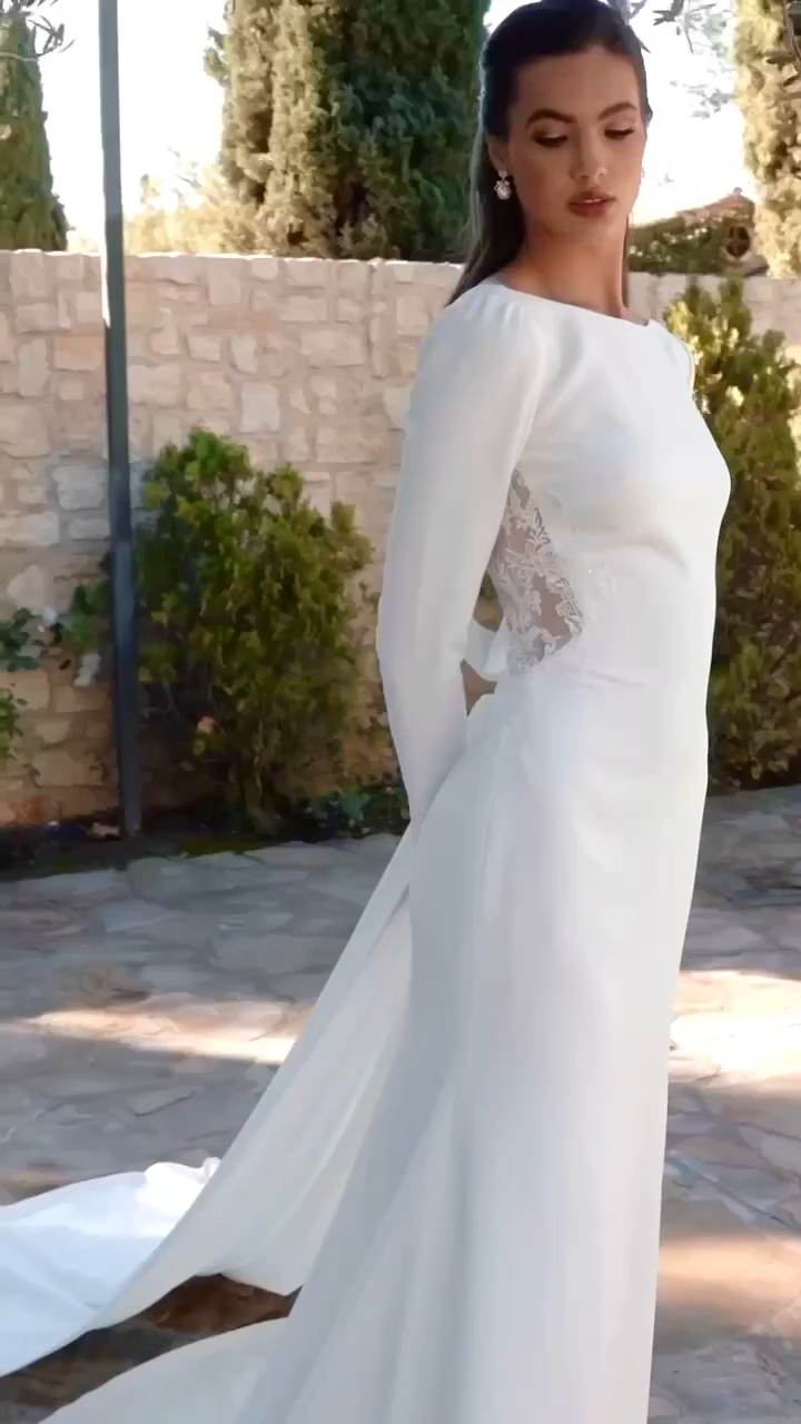 Video of Sabrina Neck and V-Illusion with Cowl Back Mermaid Gown with Removable Chapel Train Moonlight Collection J6939