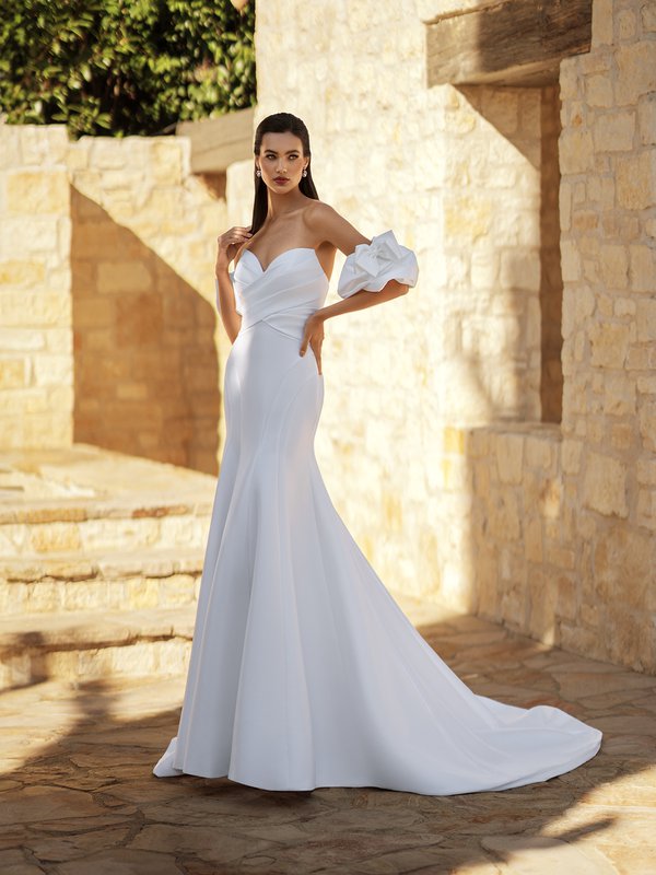 Sophisticated Mikado satin & lace hi low drop waist wedding dress