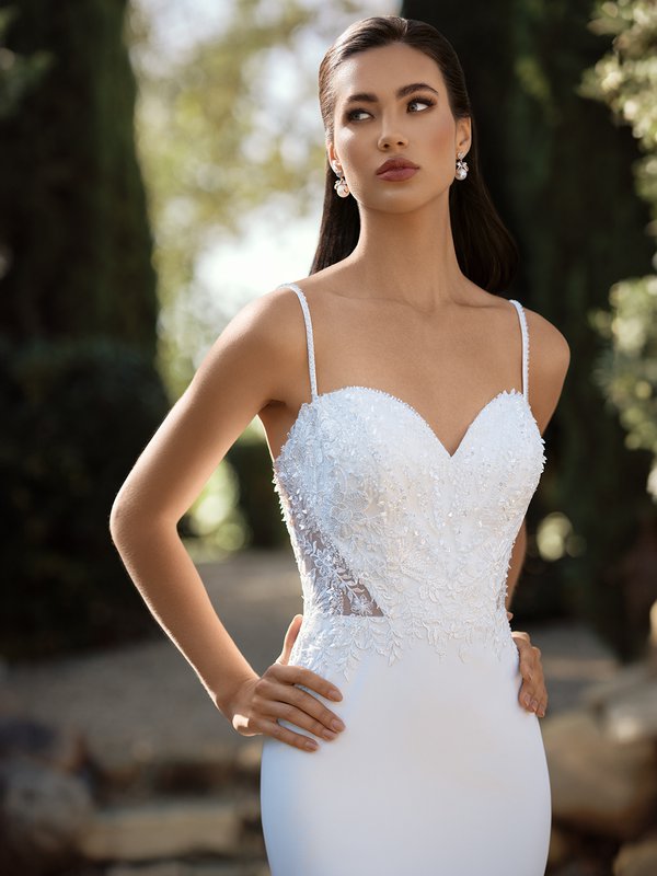 Beaded and Lace Applique Regal Crepe Mermaid Wedding Dress
