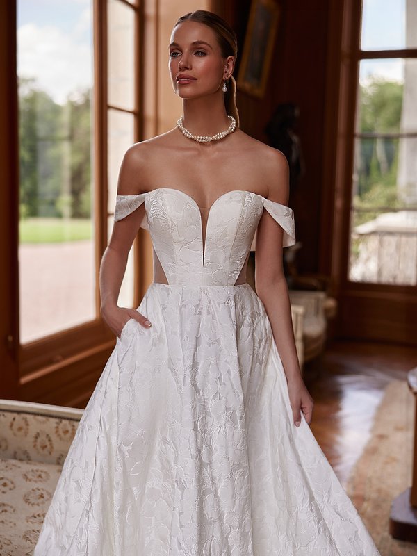 Modern Jacquard Organza A-Line Bridal Gown With Swag Sleeves