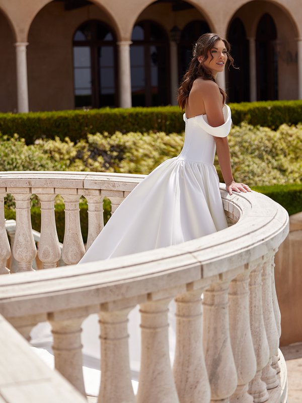 Clean Satin Ball Gown With Drop Waist, Swag Sleeves and