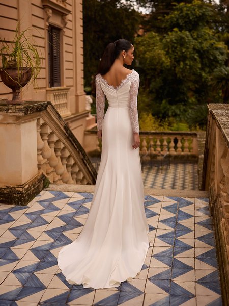 Lace trim V-back luster stretch crepe mermaid with sweep train Moonlight Collection J6971 Lace trim V-back luster stretch crepe mermaid with sweep train Moonlight Collection J6971