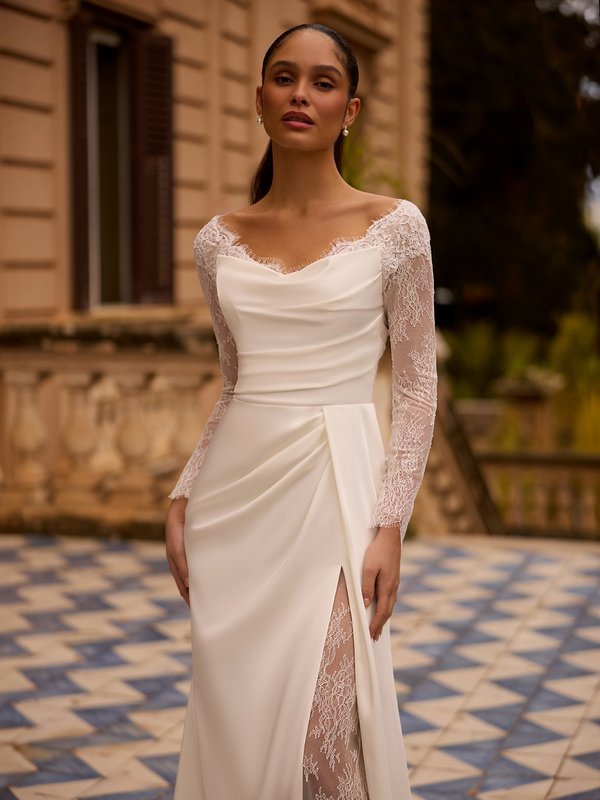 Moonlight Collection J6971 Illusion Chantilly lace long sleeves and luster stretch crepe ruched bodice mermaid with leg slit