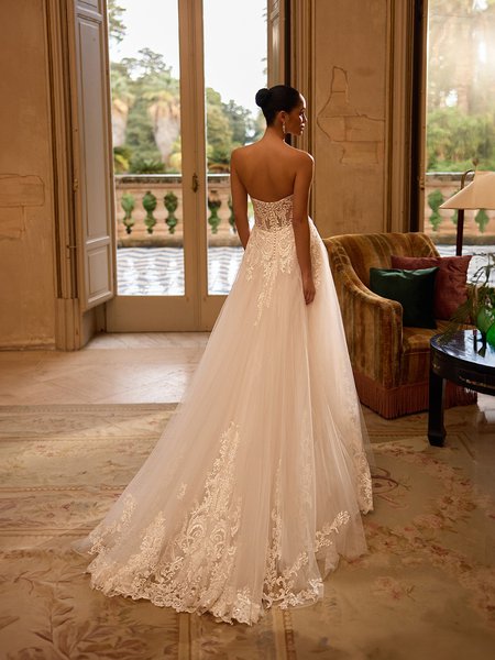 Moonlight Collection J6972 Flowy A-line gown with sweep train in tulle and chantilly lace with lace apliques