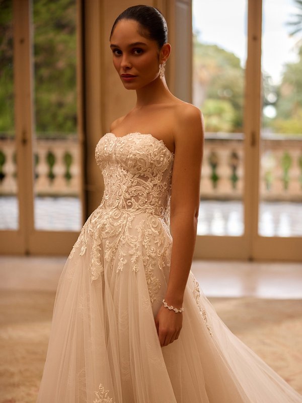 Moonlight Collection J6972 Drop waist soft sweetheart unlined bodice beaded lace appliques over tulle and chantilly lace A-line dress