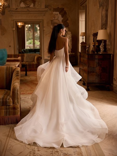 Elegant open scoop back organza A-line with cascades and chapel train Moonlight Collection J6974