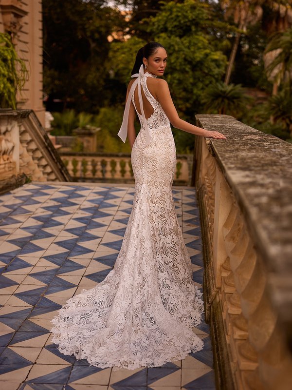 Organza bow at unlined halter neck guipure lace and dazzling tulle mermaid gown Moonlight Collection J6976