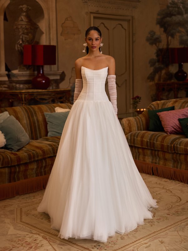 Strapless scoop neck pleated soft tulle A-line with drop waist and detachable long ruched sleeves Moonlight Collection J6977