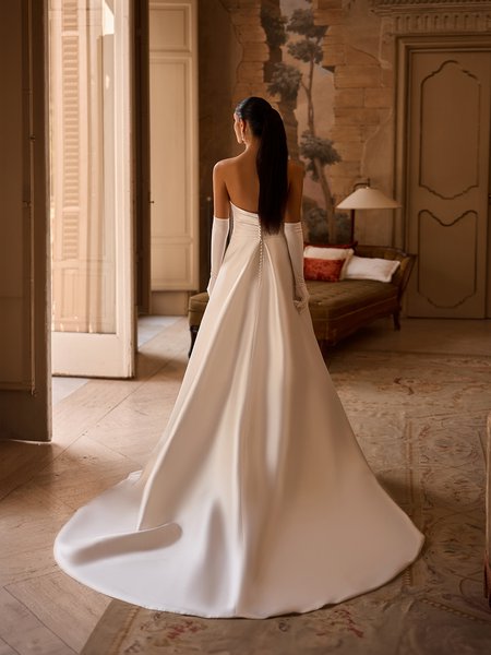Ruched open back mikado A-line wedding dress with buttons along zipper and chapel train Moonlight Collection J6978