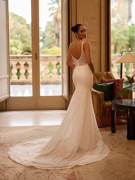Illusion V-back beaded lace mermaid with chapel train and horsehair trim hem Moonlight Collection J6979