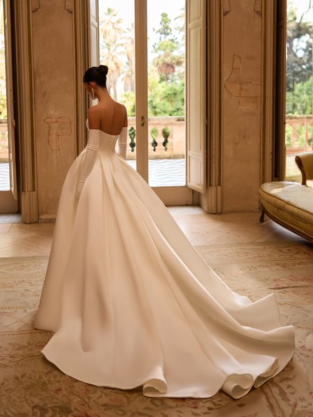 Moonlight Collection J6980 Open lace-up back satin ball gown with box pleats and chapel train