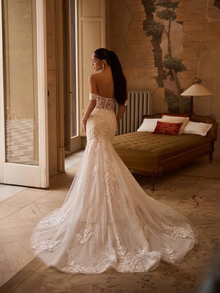 Moonlight Collection J6981 Lace appliques over tulle illusion open back mermaid gown with chapel train and buttons along zipper Moonlight Collection J6981 Lace appliques over tulle illusion open back mermaid gown with chapel train and buttons along zipper