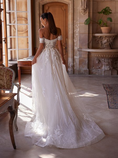 Moonlight Collection J6992 See-through open scoop organza pleated back with chapel train