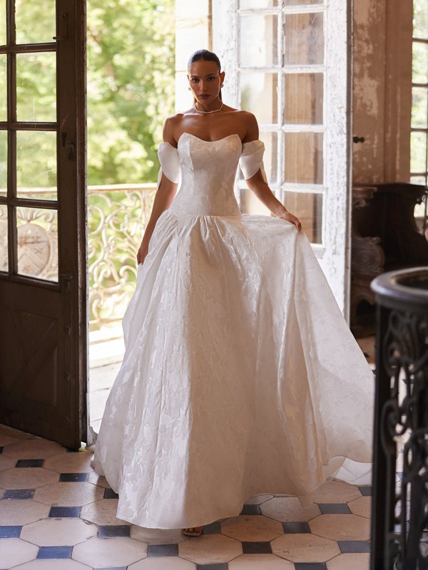 Moonlight Collection J6994 Strapless scoop neck jacquard ball gown with detachable satin short sleeves with bows