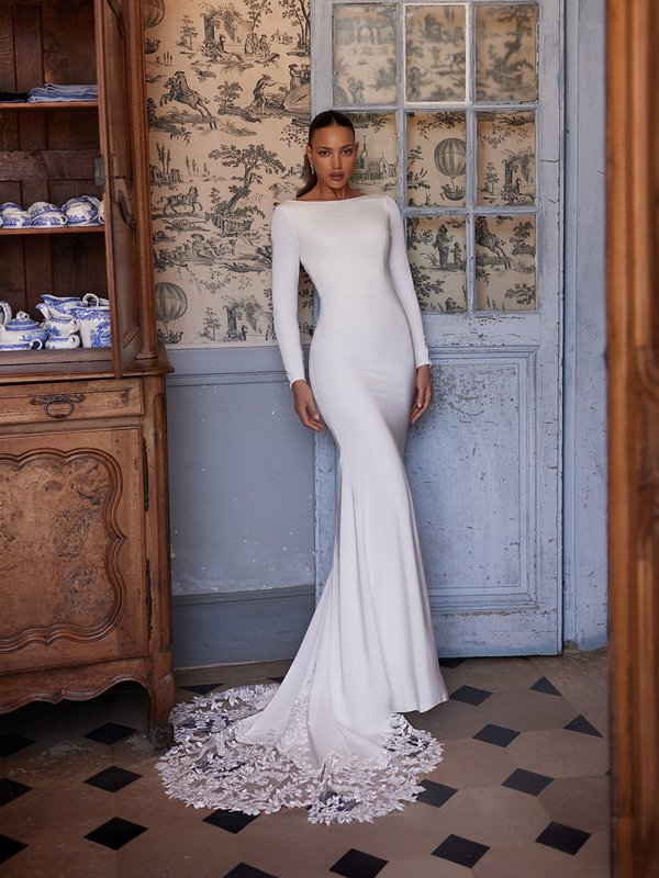 Moonlight Collection J6995 Chic bateau neck duchess satin mermaid with long sleeves and stretch lining