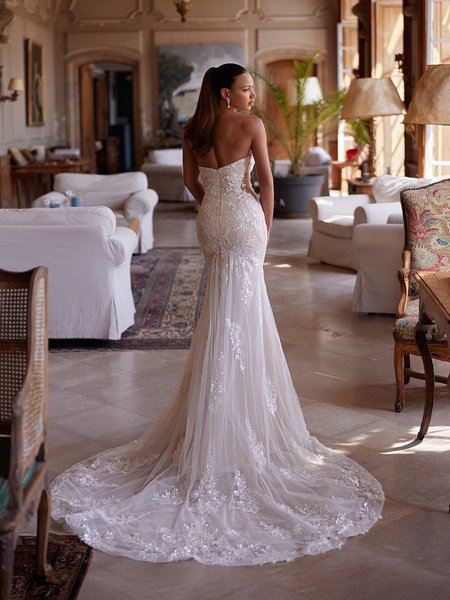 Shimmer net and lace appliques open back mermaid with chapel train Moonlight Collection J6996