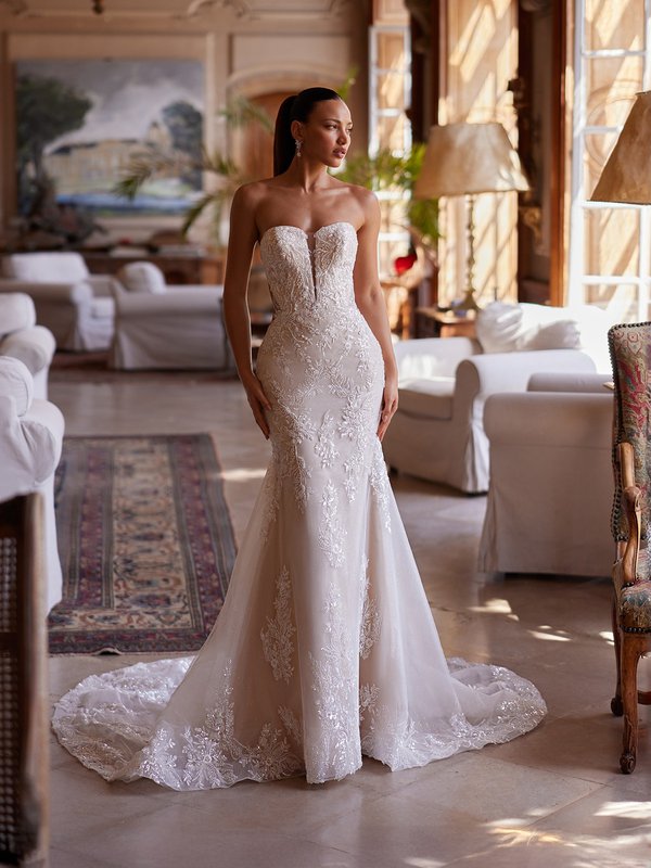 Moonlight Collection J6996 Strapless pointed sweetheart with illusion inset and drop waist shimmery mermaid gown