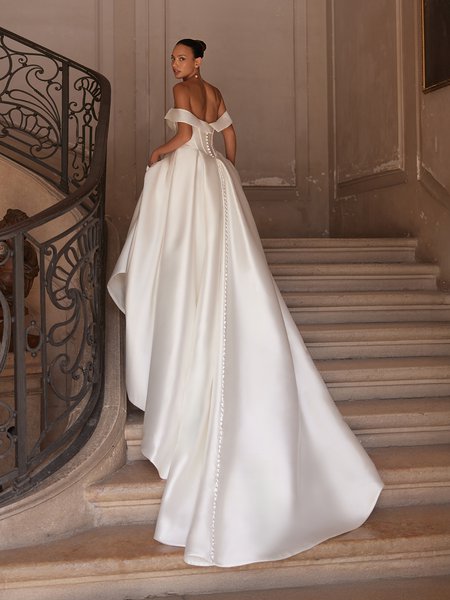 Off-the-shoulder swag sleeves mikado ball gown with buttons to end of chapel train Moonlight Collection J6999