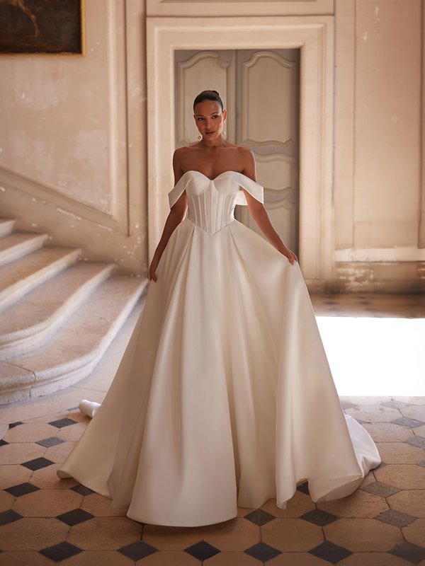 Moonlight Collection J6999 Off-shoulder sweetheart basque waist mikado ball gown with decorative boning