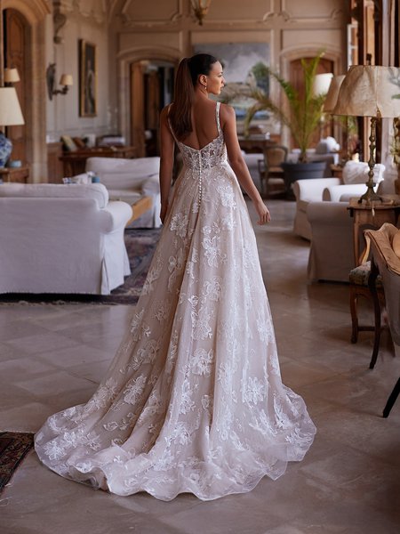 Illusion V-back lace fabric A-line with illusion inset at side bodice and buttons along zipper Moonlight Collection J7000