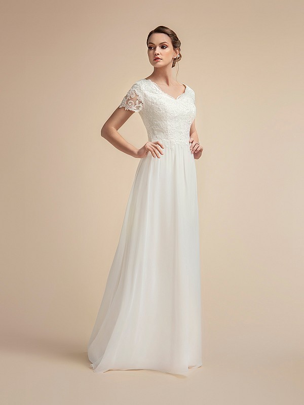Lined Short Sleeve Modest A-line Wedding Dress with Wide V-neck Moonlight M2021 