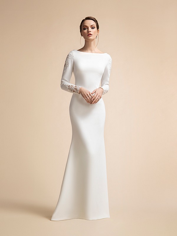 Modest Temple Ready Satin Mermaid Wedding Dress with Long Sleeves Moonlight M2022