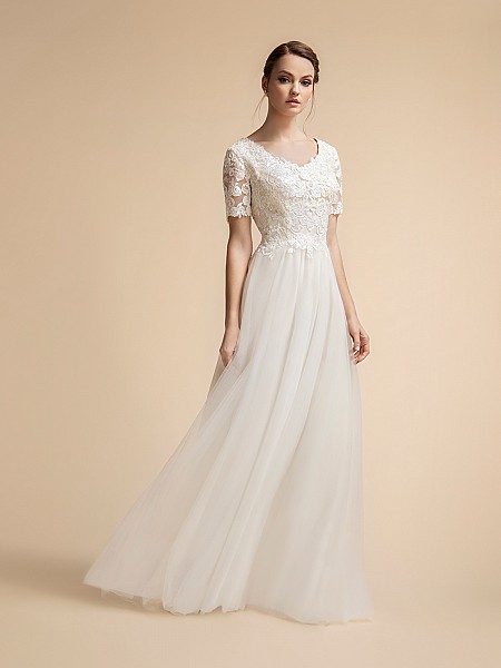 M5032 Crepe A-Line Modest Wedding Gown with Short Flutter Sleeves