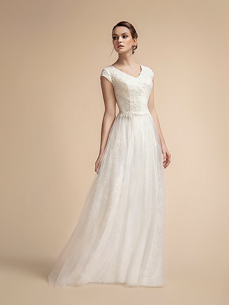 Sparkly Modest Temple Ready A-line Wedding Dress with Wide V-neck and Cap Sleeves Moonlight M2024
