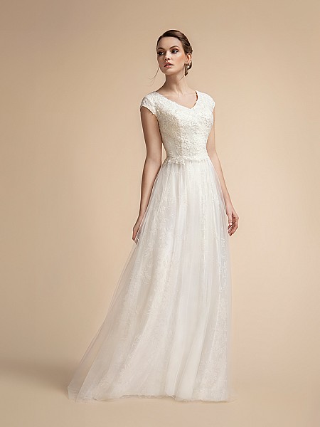 Sparkly Modest Temple Ready A-line Wedding Dress with Wide V-neck and Cap Sleeves Moonlight M2024 Sparkly Modest Temple Ready A-line Wedding Dress with Wide V-neck and Cap Sleeves Moonlight M2024