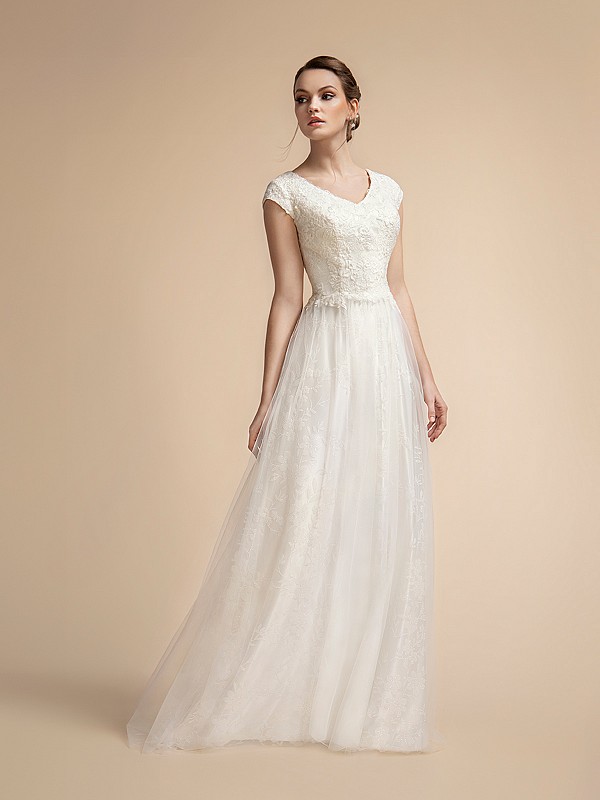 Sparkly Modest Temple Ready A-line Wedding Dress with Wide V-neck and Cap Sleeves Moonlight M2024 Sparkly Modest Temple Ready A-line Wedding Dress with Wide V-neck and Cap Sleeves Moonlight M2024