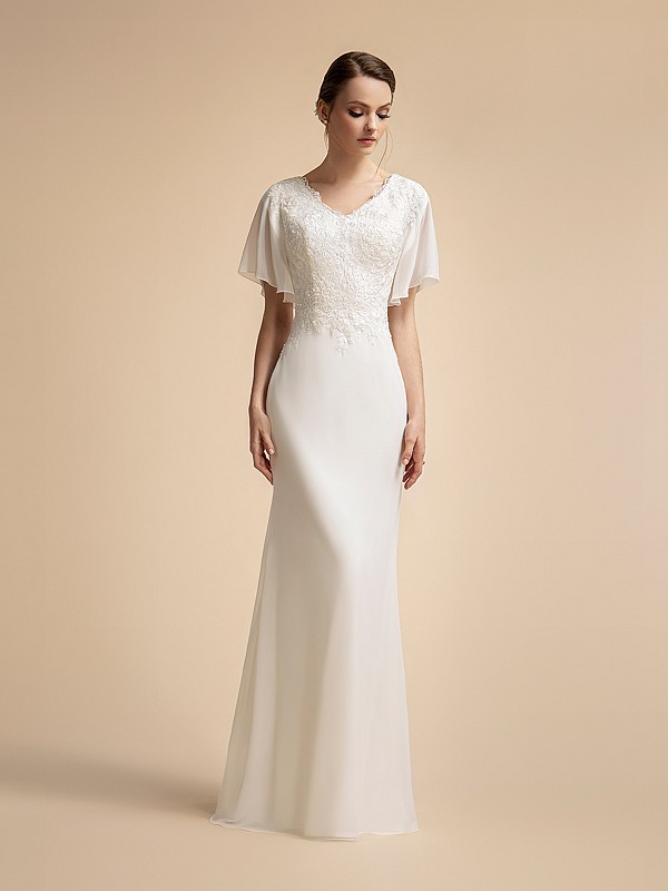 Modern Chiffon Temple Ready Mermaid Wedding Dress with Lace Bodice and Flutter Sleeves Moonlight M2025 Modern Chiffon Temple Ready Mermaid Wedding Dress with Lace Bodice and Flutter Sleeves Moonlight M2025